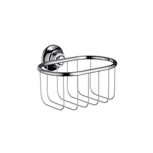 Seifenkorb aus verchromtem Metall, oval mit offenen Streben, montiert an runder Wandhalterung. Design von AXOR, geeignet für Badezimmeranwendungen.